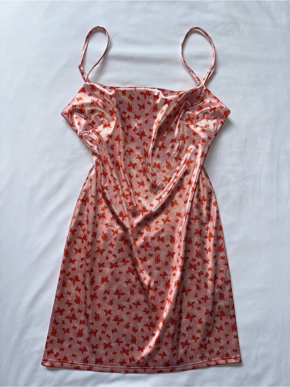 Urban Outfitters Pink Silk-like Mini Slip Dress with Orange Butterfly Print